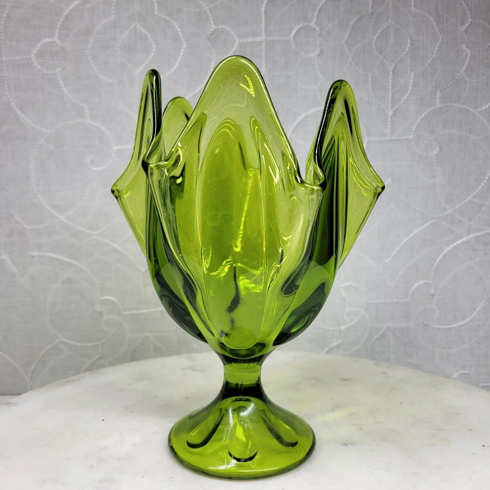 VTG Viking Epic Glass Swung Vase Six Finger Green Pedestal Footed MCM Home Decor